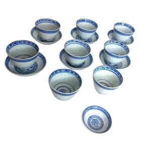 Vintage Jingdezhen Blue Rice Grain Porcelain Tea & Sake Set with Dragon Motif